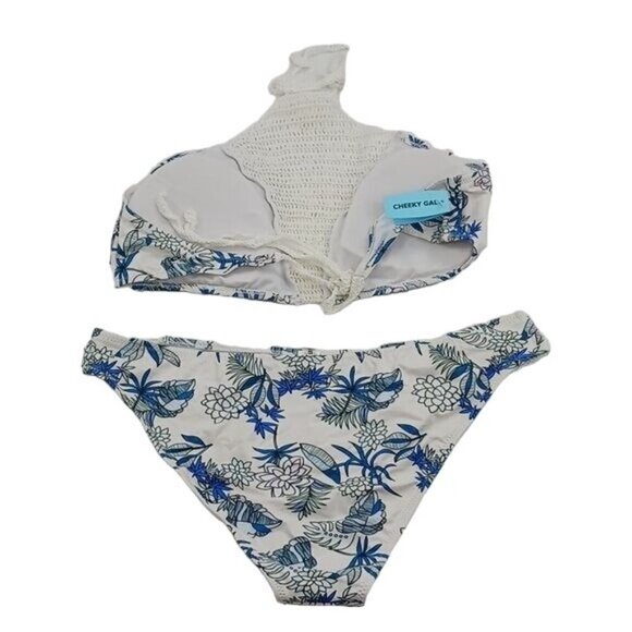 Cupshe Bikini Blue White Floral Palm Tropical Cheeky Gal Halter Womens Size 2XL - Picture 4 of 6